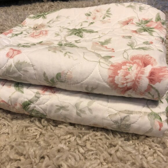 Laura Ashley Floral Quilted Pillow Shams Pink & Green Flowers Set of 2 - Picture 3 of 8